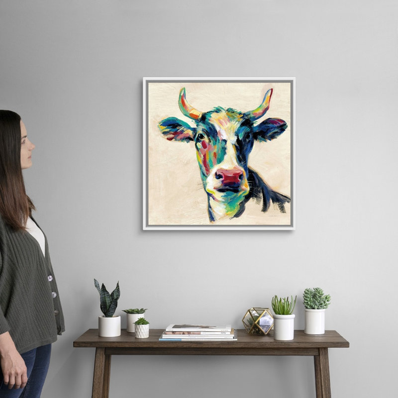 Art mural sur toile Expressionistic Cow II, Toile avec cadre blanc, H 26 po x l 26 po x P 2 po