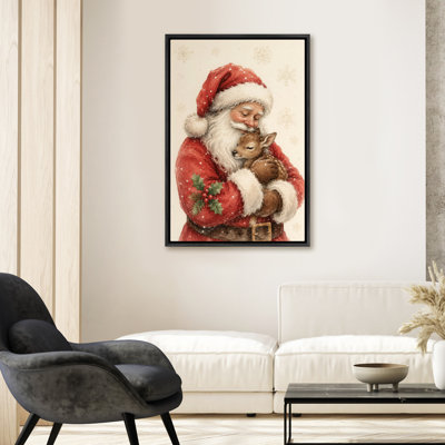 Santa Holding Baby Deer Sweet Christmas Decor Framed Print Wall Art