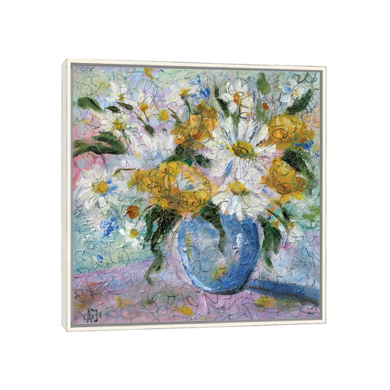 Bouquet de champ marguerites - reproduction d'art murale - toile encadrée, Blanc patiné