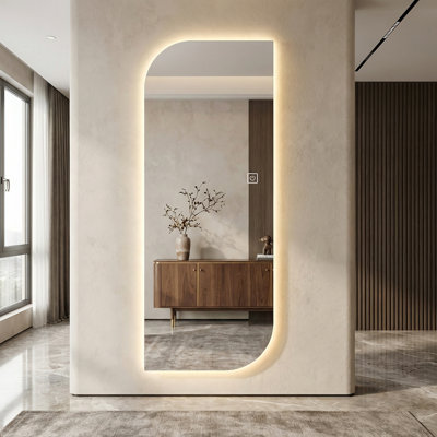Modern 65" x 21" Irregular LED Full Body Mirror, Frameless Lighted Dressing Mirror with 3-Color Dimmable Lights