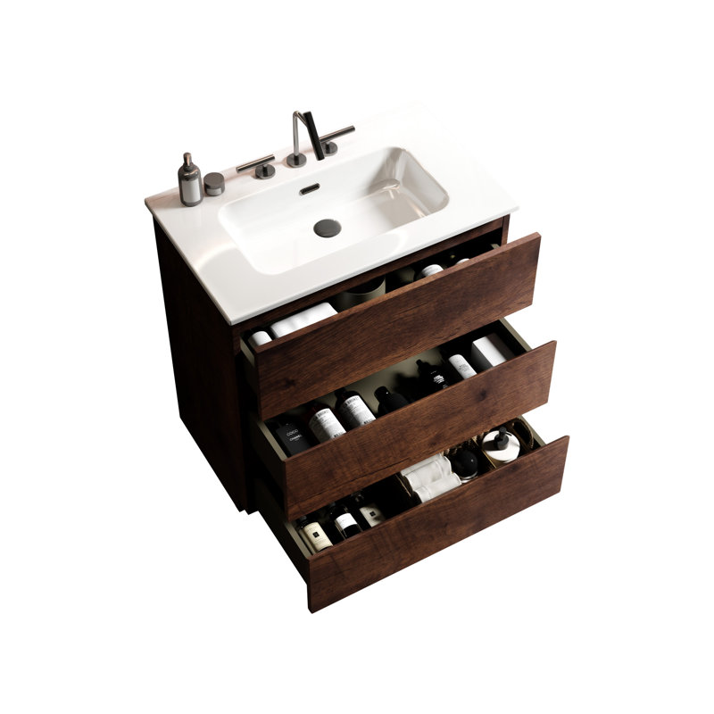Tia 30"  Bathroom Vanity With Sink With 3 Faucet Holes  with Drawer,Bathroom Storage Cabinet, Walnut