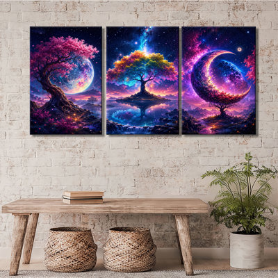 Spiritual Cosmic Tree Of Life Wall Art 3 Panel, Rainbow Sacred Life Tree Starry Nebula Mountain Lake Reflection Magical Nigh