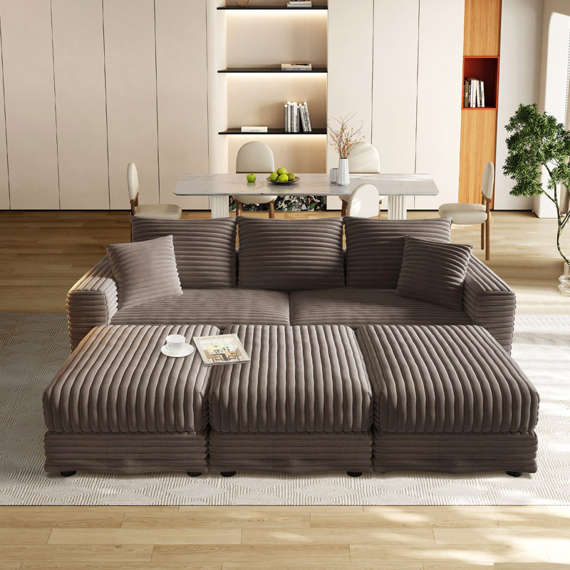 102.4"Plush Corduroy 4-Seat Sofa,Modern Comfy Upholstered Sofa Cloud Couch,Deep Seat Couches With Soft Pillows And 3 Ottomans,Convertible Sofa Lounge Chair,For Living Room,Apartment,Office