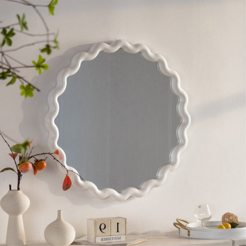 Miroir mural blanc festonné rond, cadre ondulé pour décor de salon / chambre à coucher / salle de bain