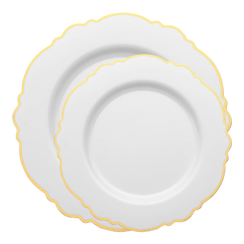 White with Gold Rim Round Blossom Disposable Plastic Dinnerware Value Set - 120 Sets