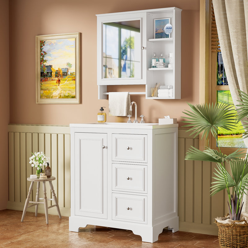 Ensemble de meuble-lavabo simple 30 po avec comptoir en céramique et armoire de miroir murale, Blanc