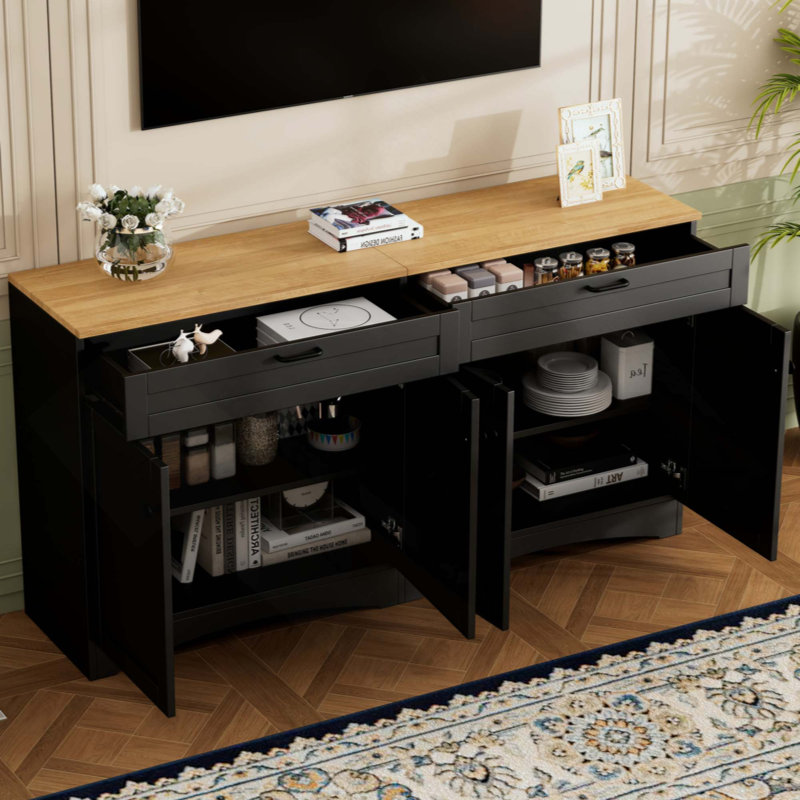 Farmhouse TV Stand With 2 Drawers For Tvs Up To 70", Versatile Wood Grain Sideboard With Adjustable Shelves, Mid-Century Buffet Cabinet With Rustic Handles For Living Room/Bedroom
