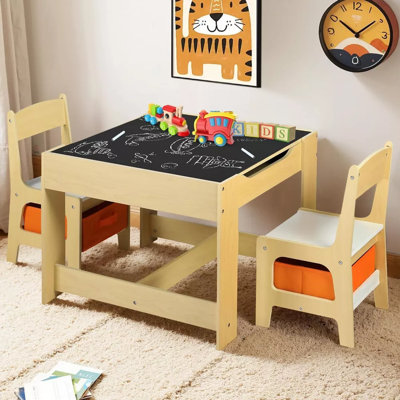 3-in-1 Kids Table & 2 Chairs Set With Storage, Removable Top & Blackboard, For Art, Crafts, Reading, Play