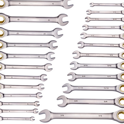 Combination Wrench 24 Pcs, 1/4" - 7/8", Metric 8 19 Mm, 72 Tooth Ratchet For Smooth Work, And Solid, Organizer Rack Transport, Gray Carbon Steel