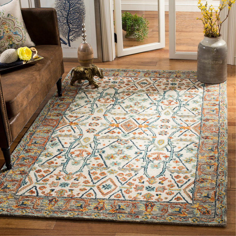 Tapis bleu / ivoire en laine / coton touffeté à la main Vahakn, Rectangle 8 pi x 10 pi