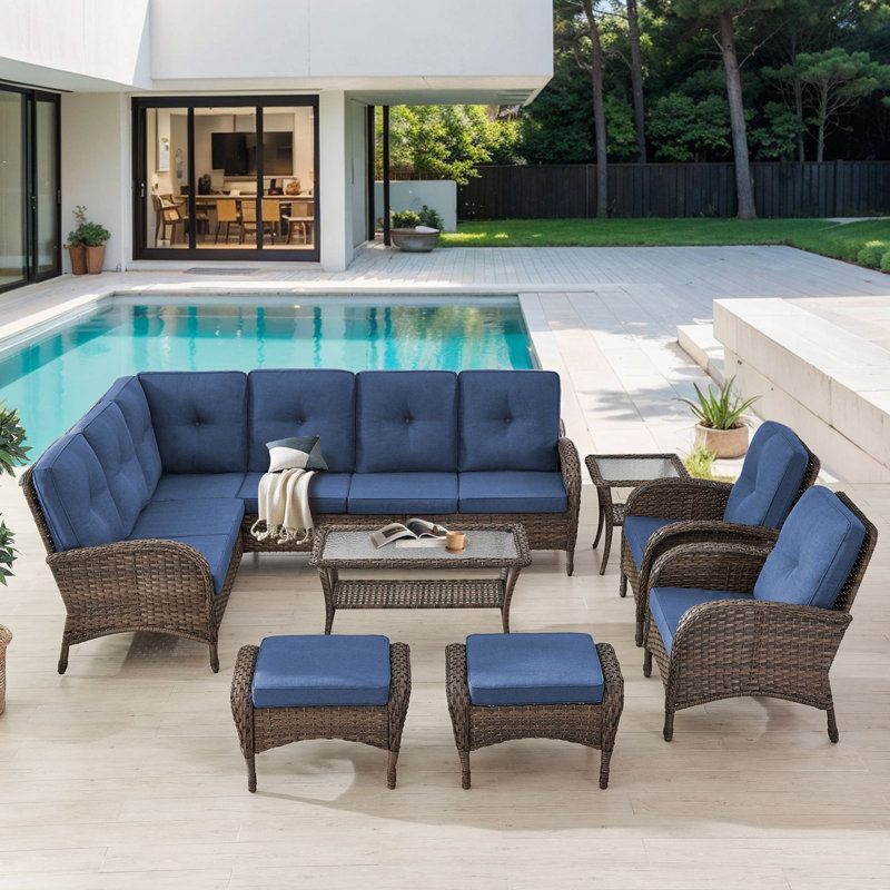  Valierius L-Shaped Outdoor Sectional Sofa Set With Patio Chairs, Ottomans & Coffee Table, Blue