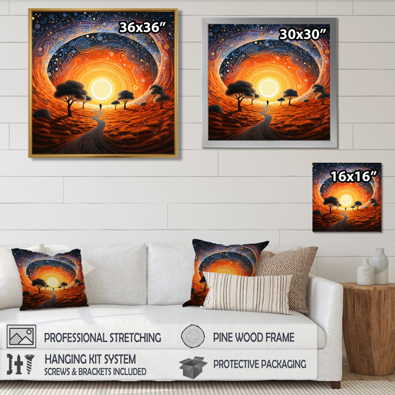 Celestial Loops Oasis Path - Paysage abstrait, art mural, salon, H 16 po x l 16 po, Cadre flottant brun