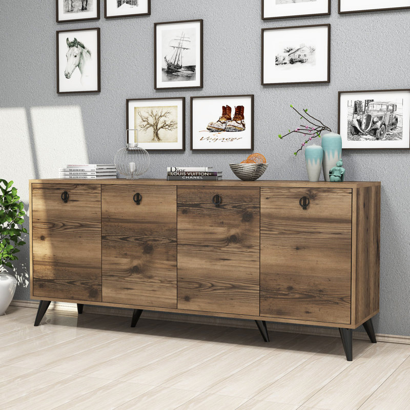 Console moderne, finition noyer, 70,9 po x 31,5 po x 17,7 po | 100% panneau de particules enduit de mélamine, épaisseur: 0,7 pouce | Pieds en plastique, fixation murale, tablettes multiples | Élégant et fonctionnel pour une décoration rustique