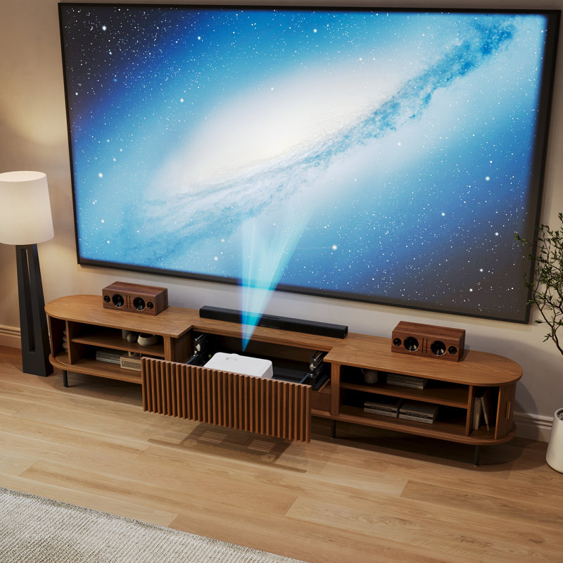 Mid-Century Modern Electric TV Stand With Ultra-Short Throw Projector Cabinet, 21.3"H x 18.3"L x 126"W, Natural Wood