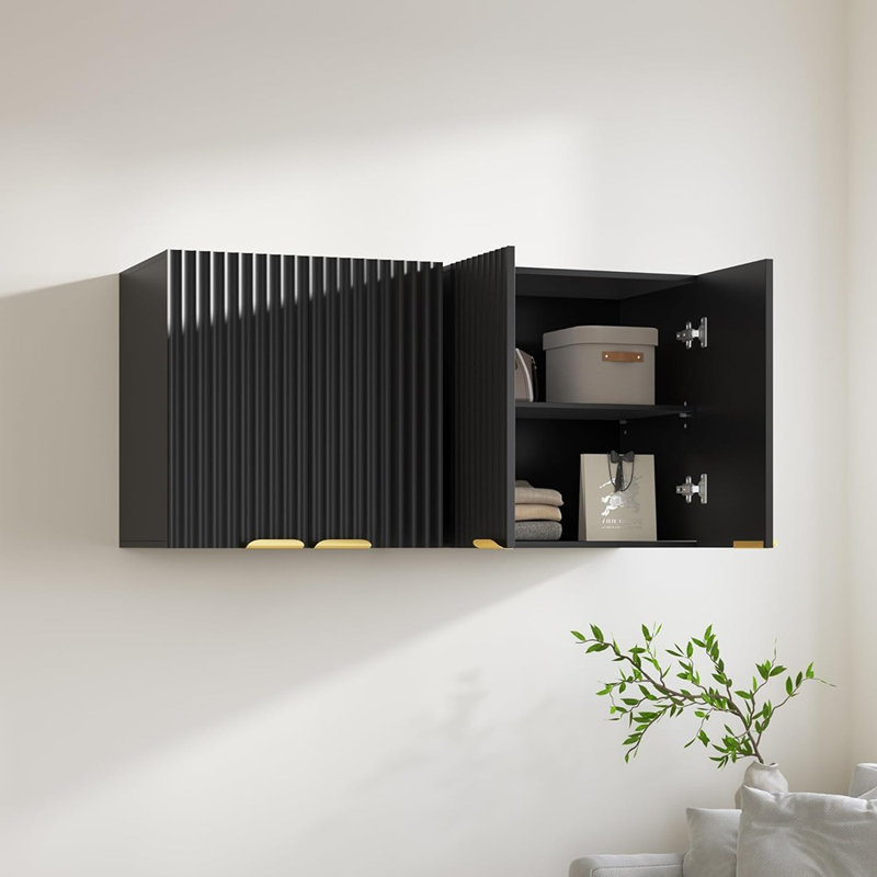 Fluted Wall-mounted Cabinet – 2-door Black Storage For Bathroom, Laundry, Garage