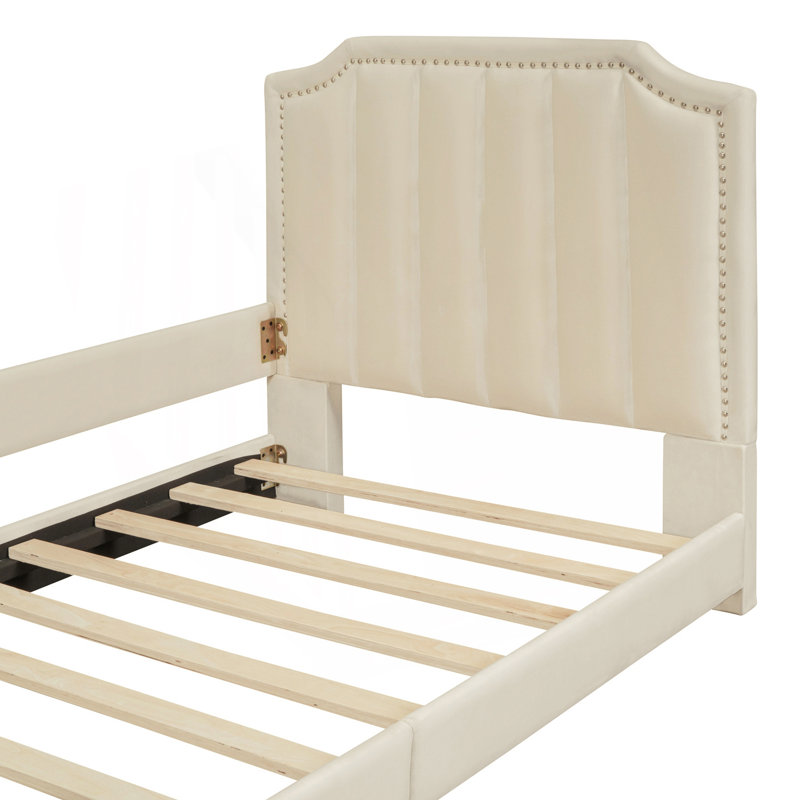 Modern Twin Size Upholstered Daybed With Classic Stripe Shaped Headboard, Beige