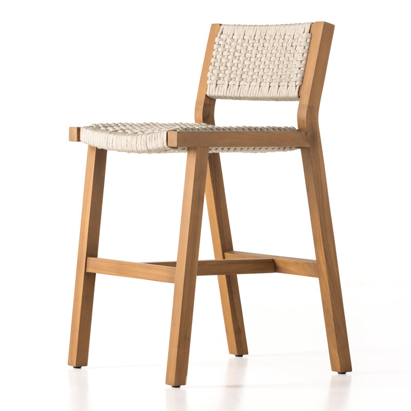 Delano Outdoor Teak Bar Stool, Counter Stool (26" Seat Height), Ivory Rope, Natural Teak