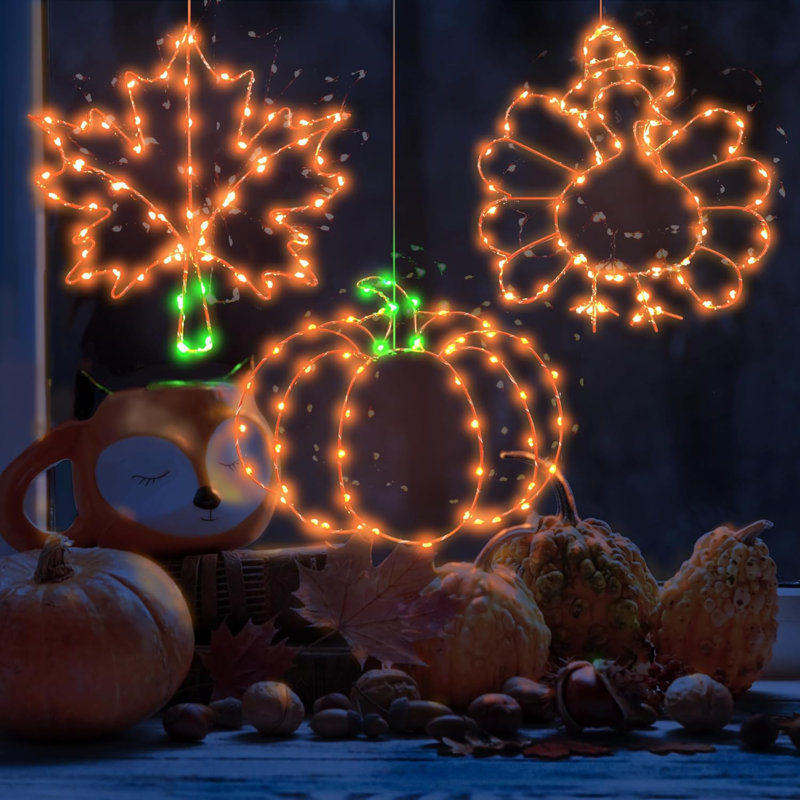 Ensemble de 3 lumières d'automne pour feuilles de dinde de l'Action de grâce, citrouille illuminant les décorations de l'Action de grâce, télécommande orange à 8 modes pour la fenêtre de la chambre à coucher du salon (fonction minuterie en métal
