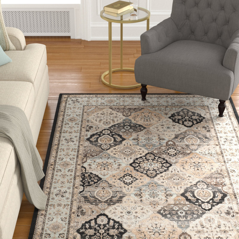 Setser Viscose Oriental Rug in Beige/Black, Rectangle 4' x 5'3"