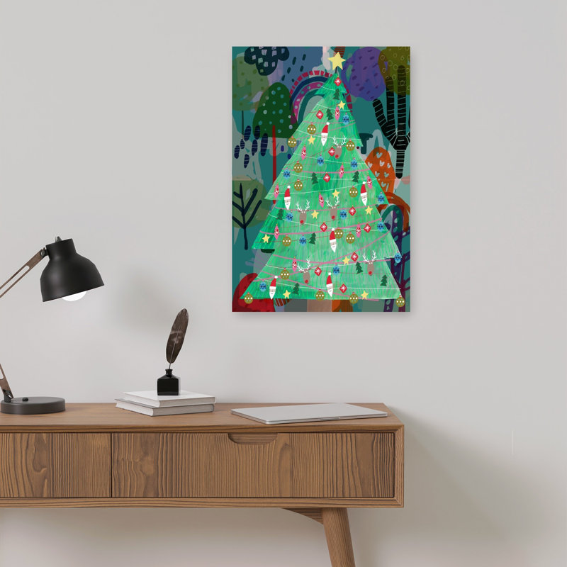 Fête de la forêt, arbre de Noël abstrait, arbre de Noël fantaisiste coloré, impression d'art mural forêt d'hiver