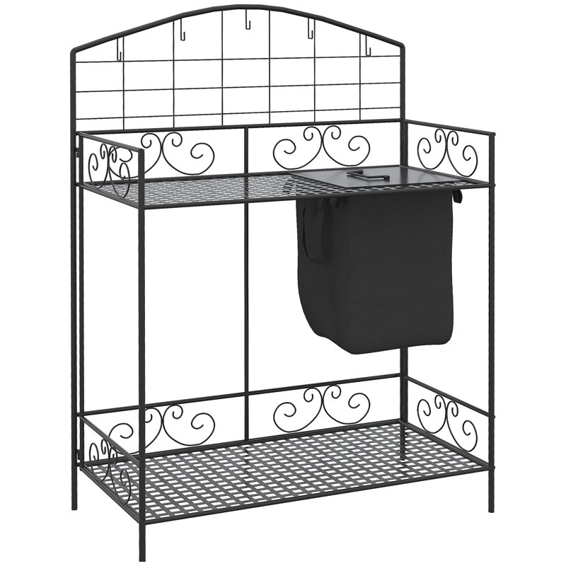 Table de rempotage pliante Outsunny, poste de travail de jardin en métal, banc de travail avec grand sac encastré avec couvercle, 5 crochets de suspension et tablette de rangement, s'épanouit
