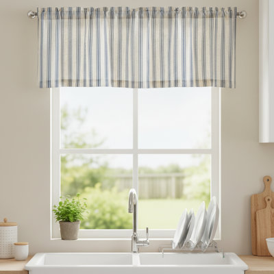 Cantonnière rayée semi-transparente style campagne, panneau simple à passe-tringle 50 x 16 pouces, fond bleu, cantonnière beige.