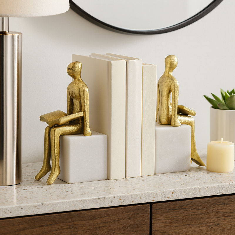 Decorative Book Ends With Seated Figurine For Home Decor - Modern Bookend Set For Shelf Or Bookshelf Decor Accent - Set Of 2, 8", White & Gold