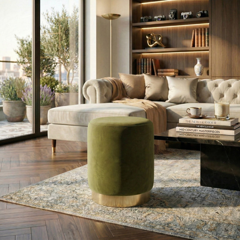 Skye Velvet Ottoman, Olive Green