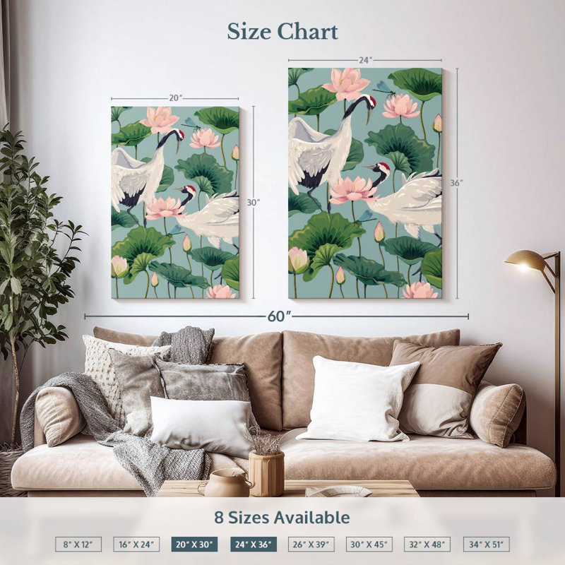 Brampt Cranes And Lotuses, 36" H x 24" W