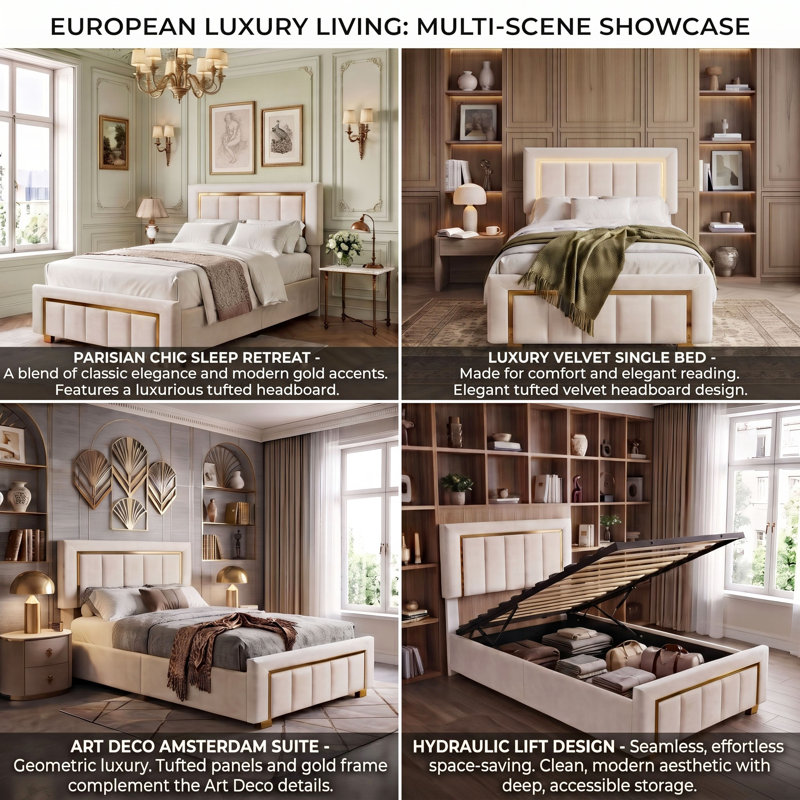 UK & EU Velvet Ottoman Bed with Fluted Gold-Trim Headboard, Luxury Gas-Lift Storage Bed, Beige/Black, Beige