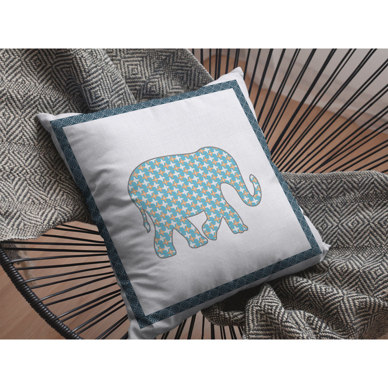 Coussin intérieur clair à fermeture à glissière Light Elephant, 16" x 16", Bleu clair / or / blanc
