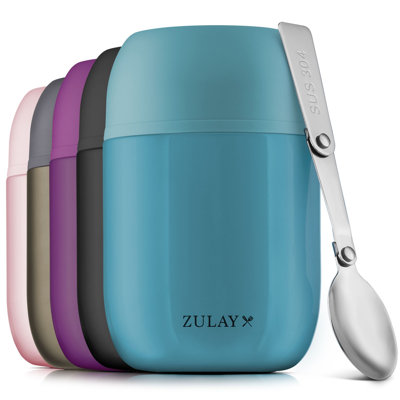 Zulay Kitchen 16oz Insulated Thermos Food Jar With Foldable Spoon - Stainless Steel Food Container In Light Blue