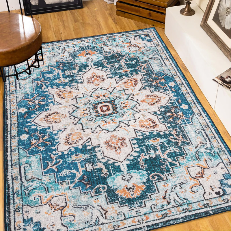 5x7 Washable Area Rug, Vintage Look, Non-slip For Living Room Hallway, Blue And Beige Flowers Theme, Kitchen