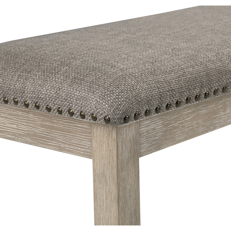 Traditional Style Dining Bench, Gray Fabric, Nailhead Trim, Wooden Construction With Wire Brushed Brownish Finish, 63.5" Wide, 20" High And Transitional Linen - Covered Seat, Wood Frame Seat Width,