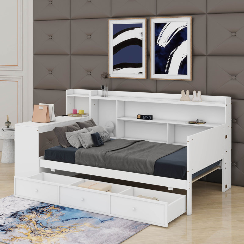 Lit de jour en bois avec 3 tiroirs, ports USB et bureau, Lit simple, Blanc