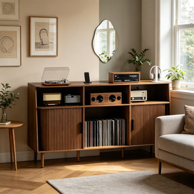 Mid Century Record Player Stand with Power Outlet and Sliding Doors, Holds 350 Albums, Walnut