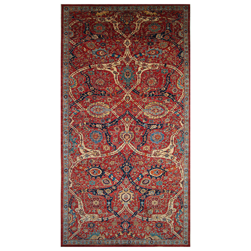 Tapis rouge et bleu noué à la main de haute qualité