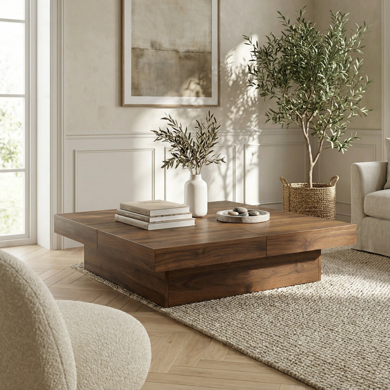 Contemporary Square Sliding Top Storage Coffee Table with Walnut Finish - Spacious Living Room Centerpiece