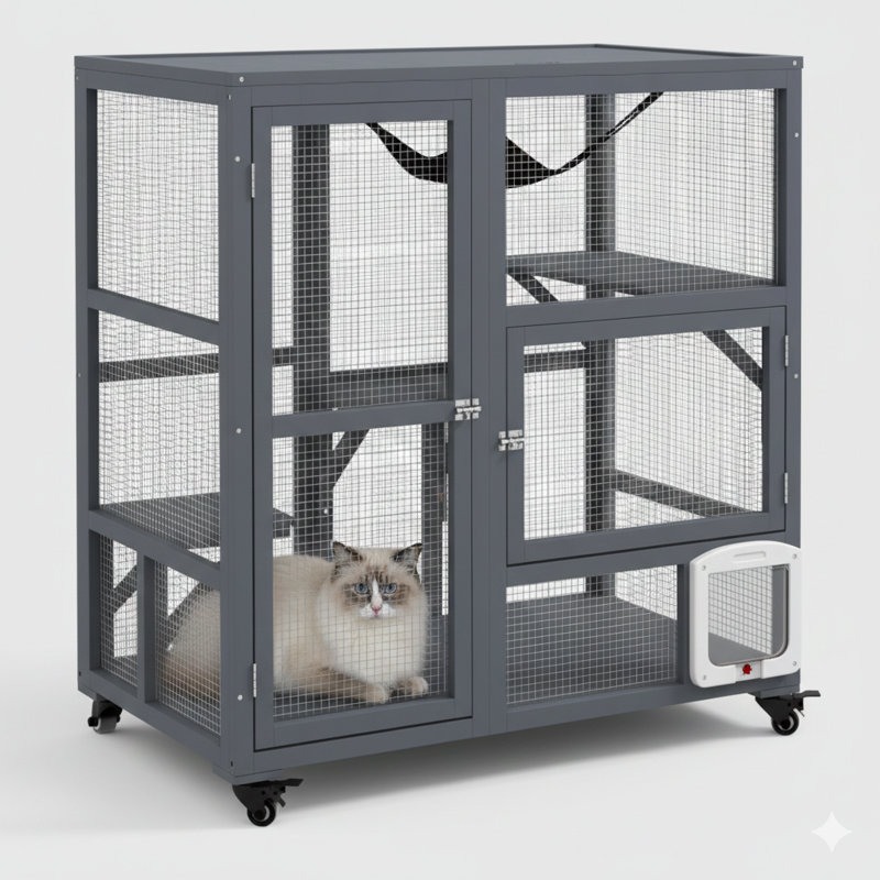 Indoor feline enclosure mounted on casters for mobility. Constructed from wood and featuring a cat flap door. Includes interior platforms, a hammock, and an openable top section. Suitable for up to two cats. Measures 39 inches.