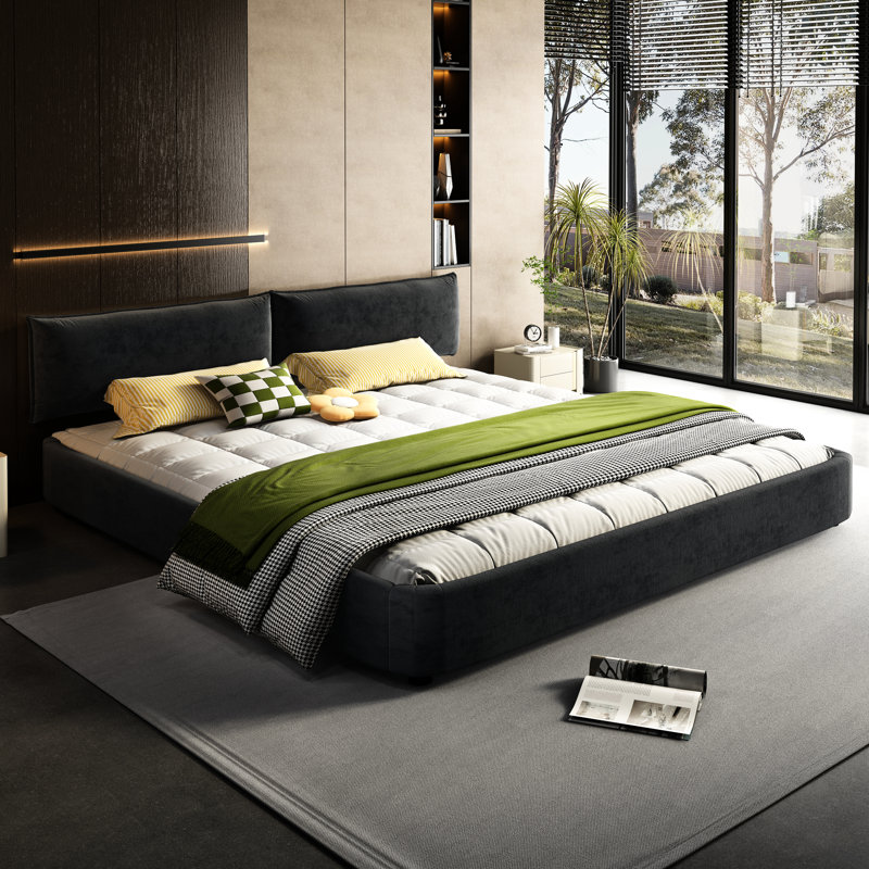 Très grand lit nuage gris foncé, revêtement en chenille, réglable, sans sommier, support en métal et bois de pin pour lit confortable avec tête de lit mobile, gris, pieds solides