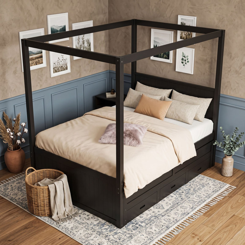 Lit plateforme à baldaquin en bois avec lit gigogne simple et tiroirs de rangement, Lit double, Noir