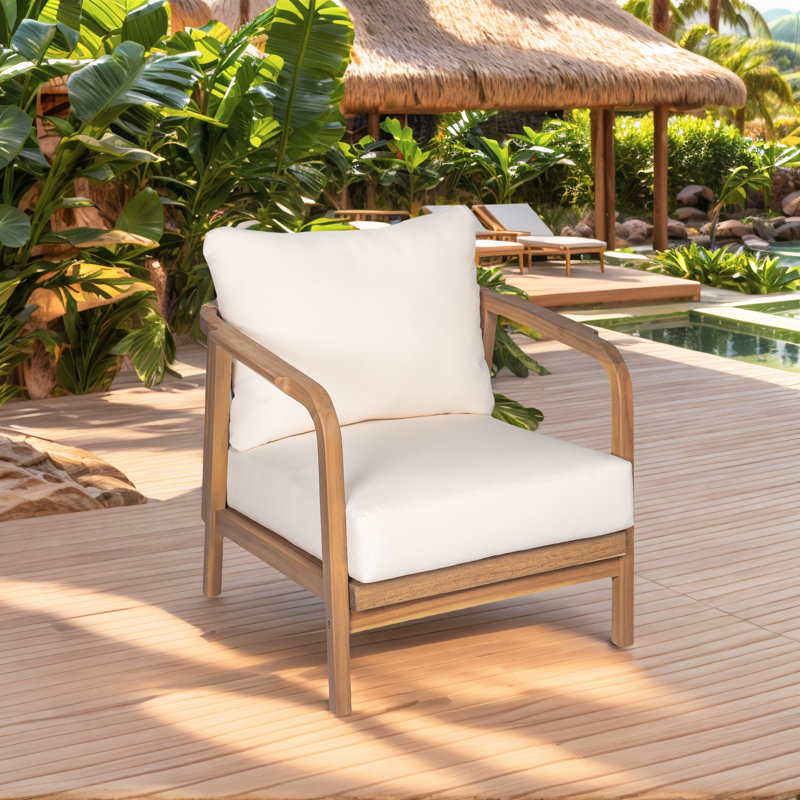 Patio Accent Chair,Outdoor Lounge Chair With Wood Frame, Beige