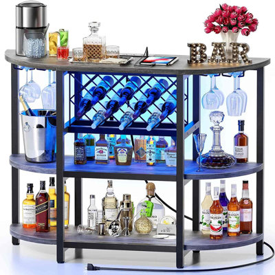 Bar Cart Bar Table With Power Outlet, Led Home Bar Cabinet For Liquor, Metal Mini Bar Coffee Bar With 4-tier Storage