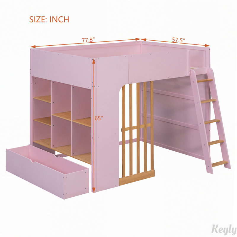 Lit mezzanine surélevé avec tablettes de rangement, tiroir et échelle, Full / Double, Pink