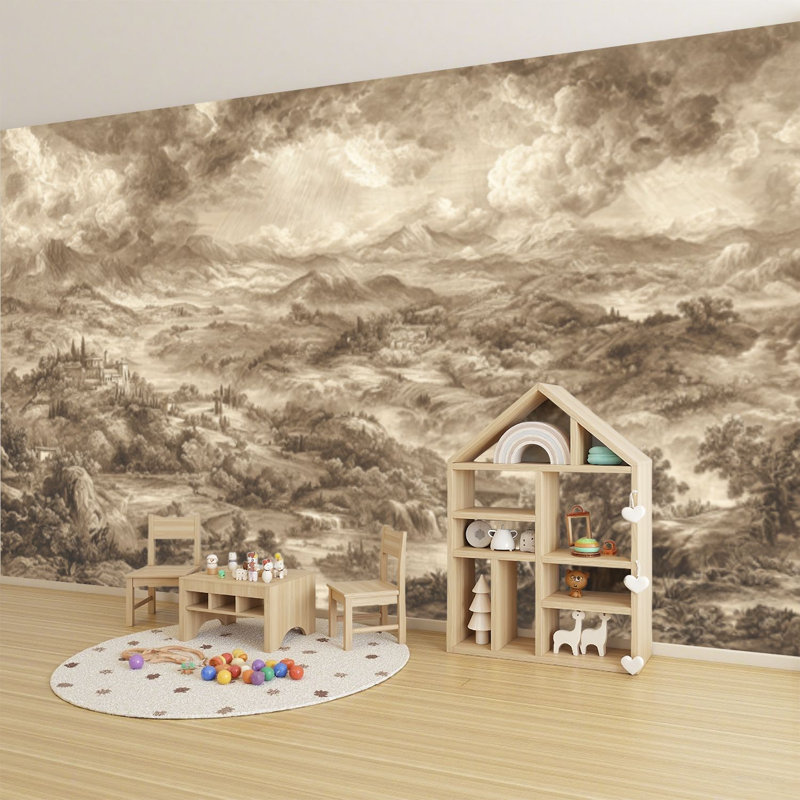 Murale auto-adhésive moderne pour la chambre à coucher Peel and Stick L 69 po x l 96 po - avec sépia antique Riverside Valley