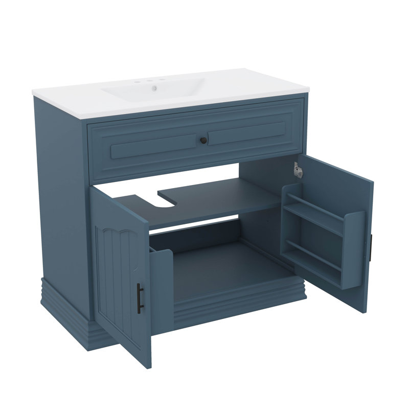 Meuble-lavabo 36 po avec lavabo en céramique, armoire de rangement pour salle de bain avec 2 portes et tablette réglable, structure en bois massif