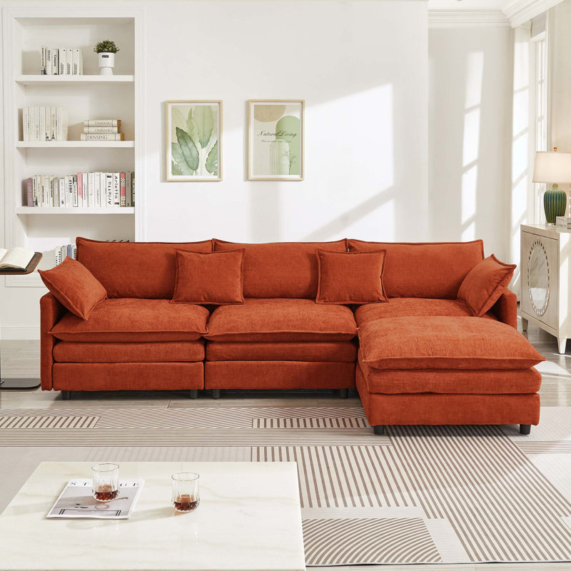 Canapé modulaire modulaire en chenille avec repose-pieds, Chenille orange foncé, Orienté à droite