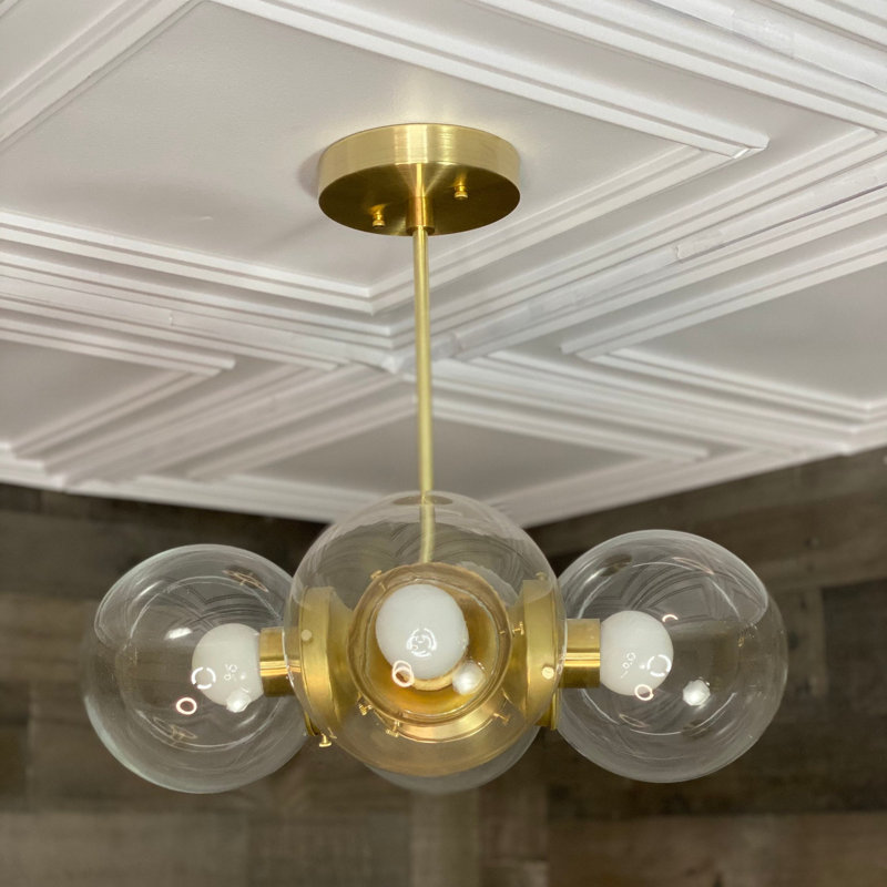 Lustre moderne 5 lumières Mid-Century, Laiton brut, Transparent