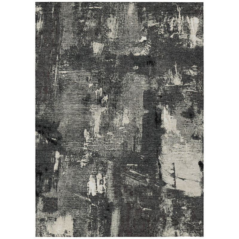 Tapis intérieur lavable abstrait 3 pi x 5 pi noir et gris