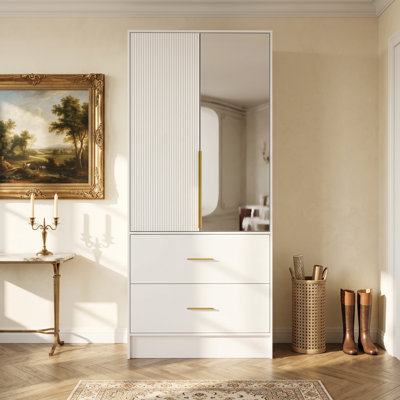 Garde-robe à double porte en miroir avec lumière DEL et anti-basculement - panneau de fibres à densité moyenne, 2 tiroirs, poignées dorées